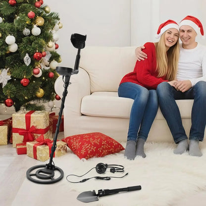 Couple sitting on a couch with a MD120A metal detector in a festive living room.