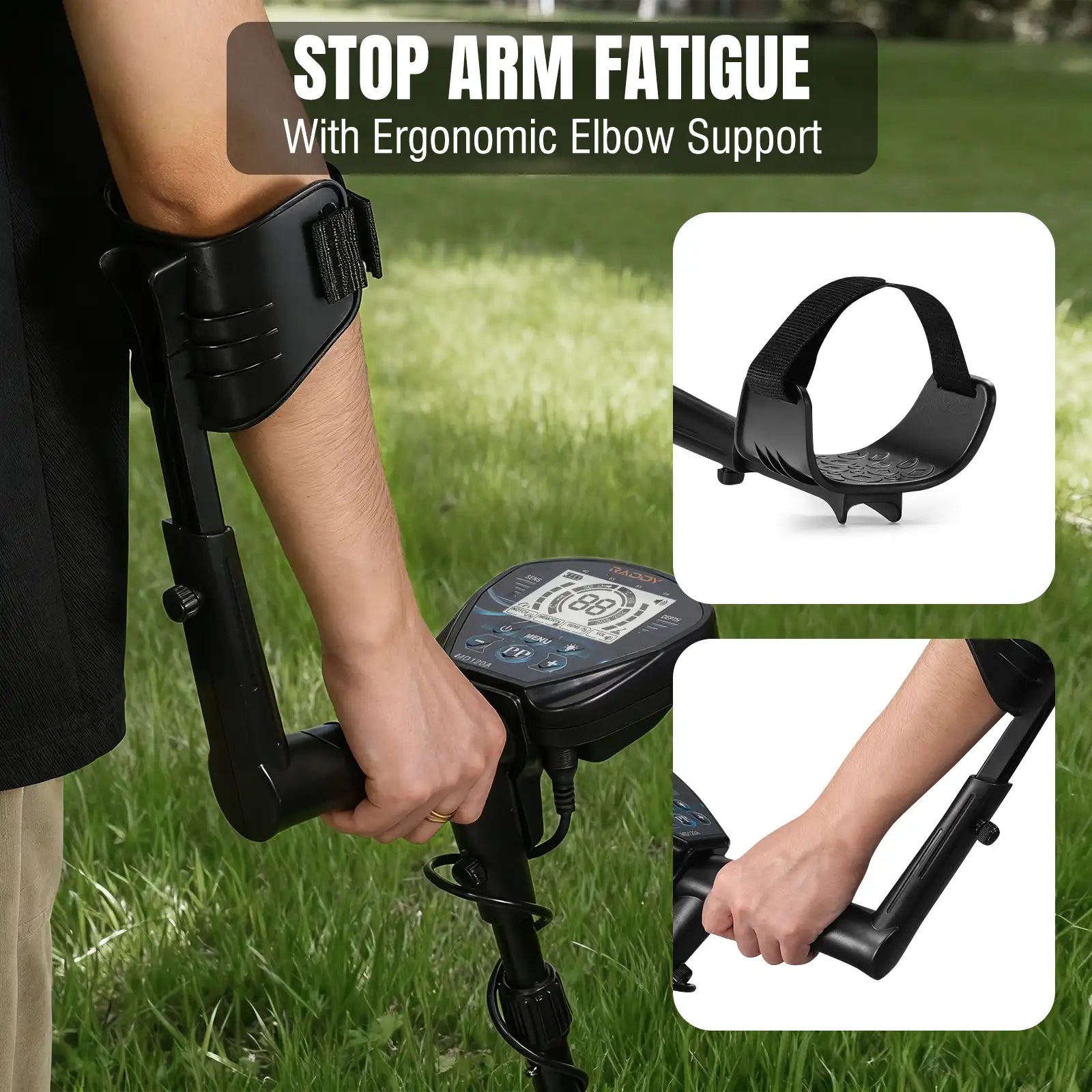 Ergonomic elbow support device for arm fatigue relief with grass background