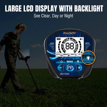 MD120A Metal detector with large LCD display and backlight, person using detector in background