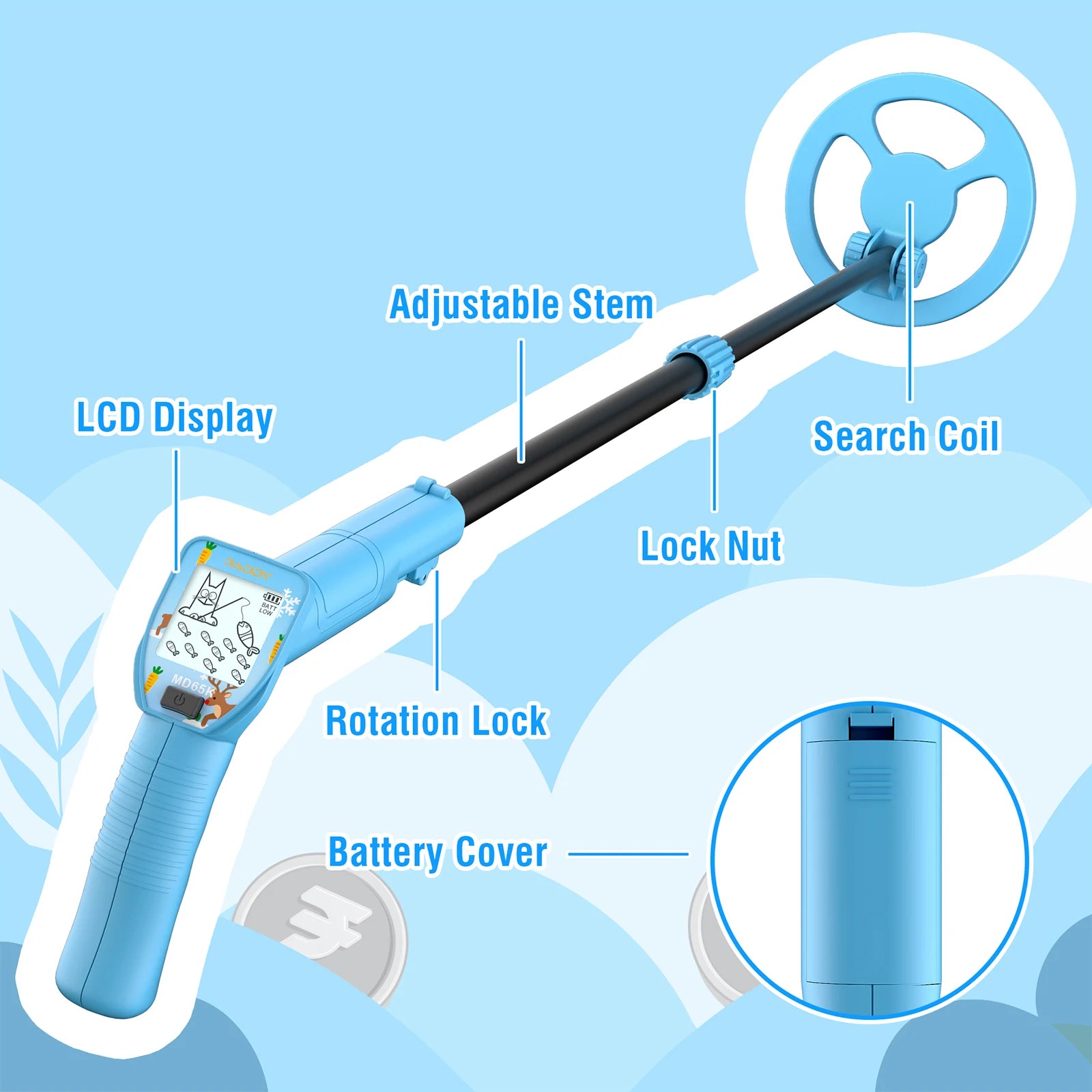 Raddy MD65K Kid Metal Detector of truth with labeled parts on a blue background