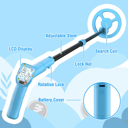 Raddy MD65K Kid Metal Detector of truth with labeled parts on a blue background