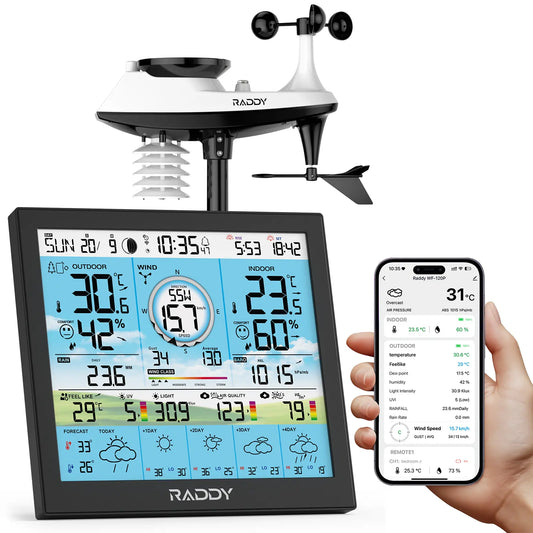 Raddy WF-120P Professional Wi-Fi Weather Station | App Control | 10″ HTN Color Display |  Indoor/Outdoor Temp & Humidity | UV & Light Index | PM2.5 AQI | 5-Day Forecast | 7-in-1 Outdoor Sensor for Farm - Radioddity
