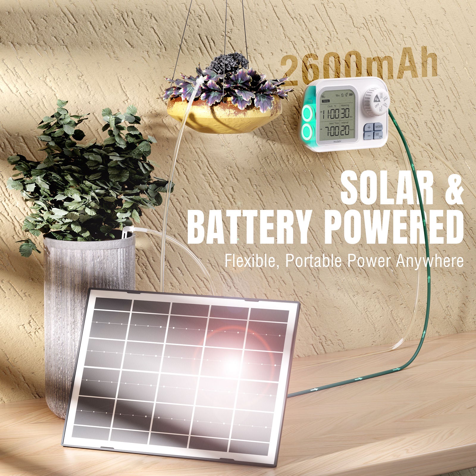 solar powered automatic plant watering system Raddy WS-7 Solar Drip Irrigation Kit | IPX7 Waterproof | Auto Watering System | Auto-Soil Humidity Detection | 2600mAh Battery