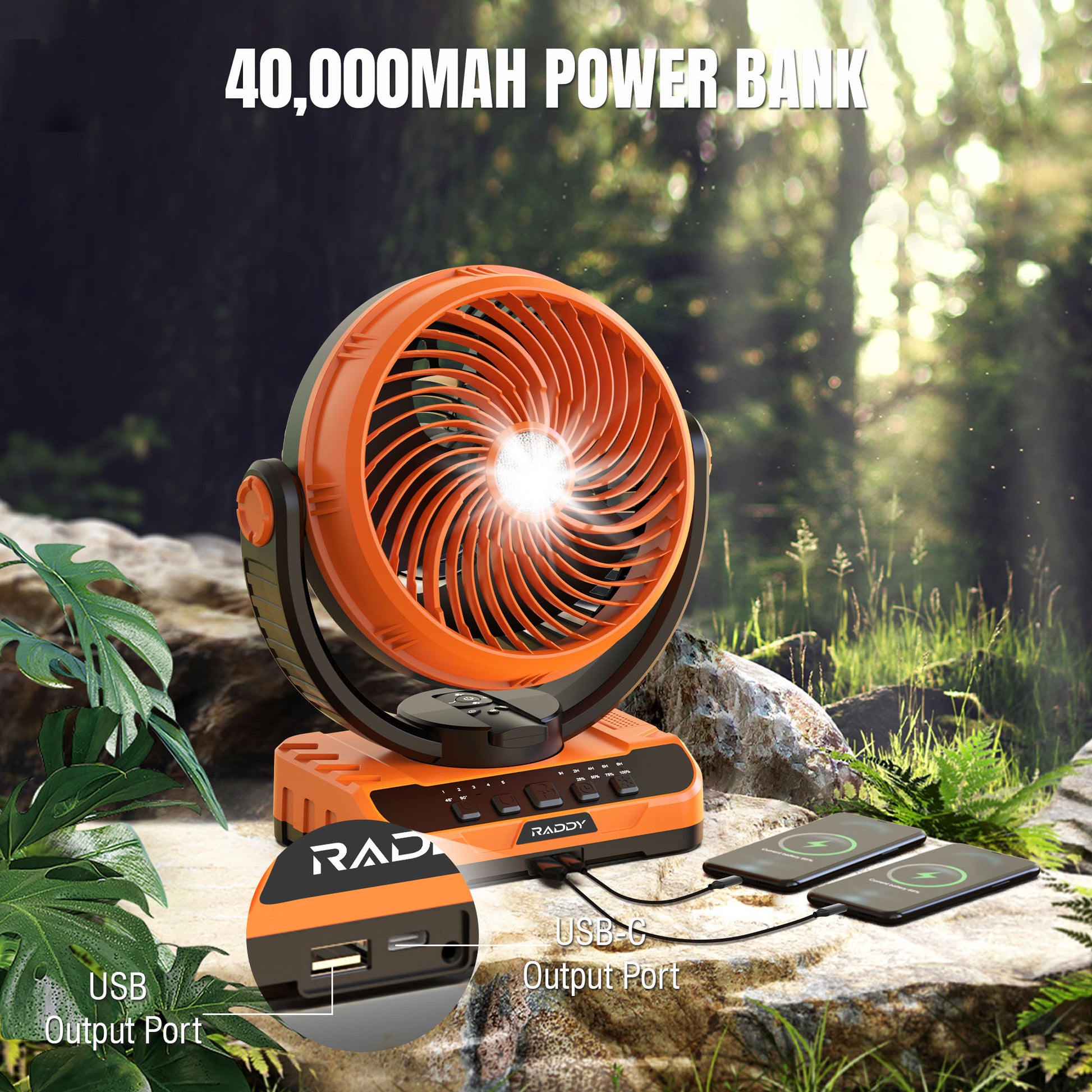 camp tent fan Raddy CF5 Rechargeable Camping Fan | 40,000mAh Battery | LED Light & Remote | 5 Speeds | Auto Oscillation