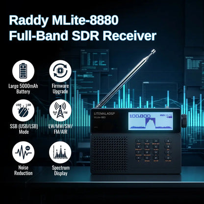 Raddy MLite-880 SDR Radio | Full Band & Aviation | SSB/LSB/USB/CW | Waterfall Spectrum | 5000mAh 21700 | DSP Noise Reduction