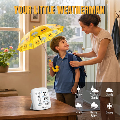 Raddy Milo Kids Weather Station | Interactive Morning Routine Clock | 6 What-to-Wear Clothing Tips | Thumbs-Up Reward | Wireless Indoor/Outdoor Temp | IPX4 Sensor