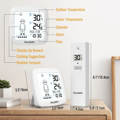 Raddy Milo Kids Weather Station | Interactive Morning Routine Clock | 6 What-to-Wear Clothing Tips | Thumbs-Up Reward | Wireless Indoor/Outdoor Temp | IPX4 Sensor
