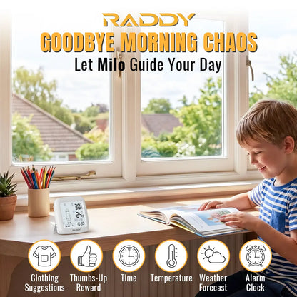 Raddy Milo Kids Weather Station | Interactive Morning Routine Clock | 6 What-to-Wear Clothing Tips | Thumbs-Up Reward | Wireless Indoor/Outdoor Temp | IPX4 Sensor
