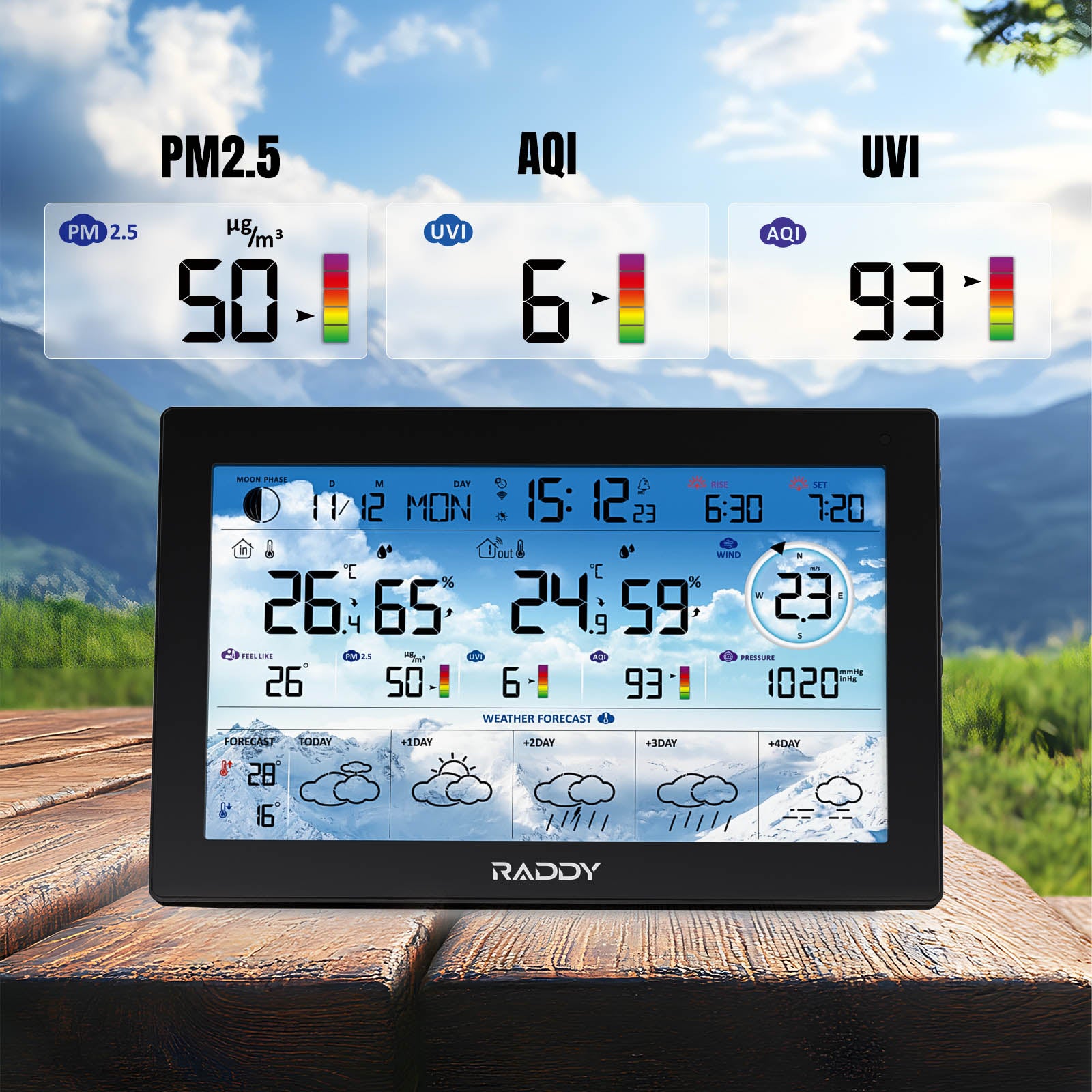 Draadloos weerstation, met Tuya-app en Smartlife, met buitensensor en weersvoorspelling, digitaal kleurendisplay, weerstation, werkt op batterijen en netvoeding Draadloos weerstation, met Tuya-app en Smartlife, met buitensensor en weersvoorspelling, digitaal kleurendisplay, weerstation, werkt op batterijen en netvoeding