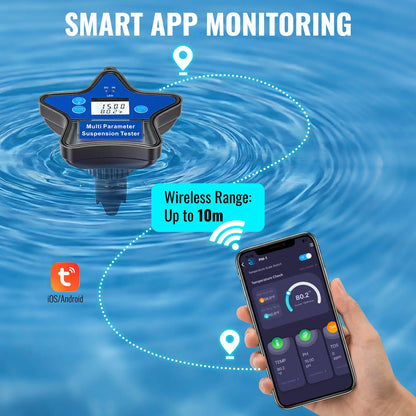 Raddy PM-1 Smart Pool Monitor | 9-in-1 Water Tester | App Monitoring & Data Export | High-Precision Sensors | 120H Floating Tester | For pH/Chlorine/ORP