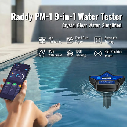 Raddy PM-1 Smart Pool Monitor | 9-in-1 Water Tester | App Monitoring & Data Export | High-Precision Sensors | 120H Floating Tester | For pH/Chlorine/ORP