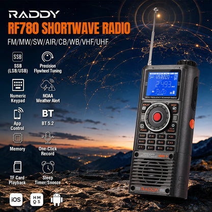 Raddy RF780 Shortwave SSB All Band Radio | Keypad & Shuttle Tuning | FM/AM/SW/AIR/CB/VHF/UHF/WB | App Control | Broadcast Recording | External MW Antenna
