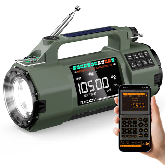 Green Raddy SH-907 Emergency Radio with flashlight and smartphone app on a white background