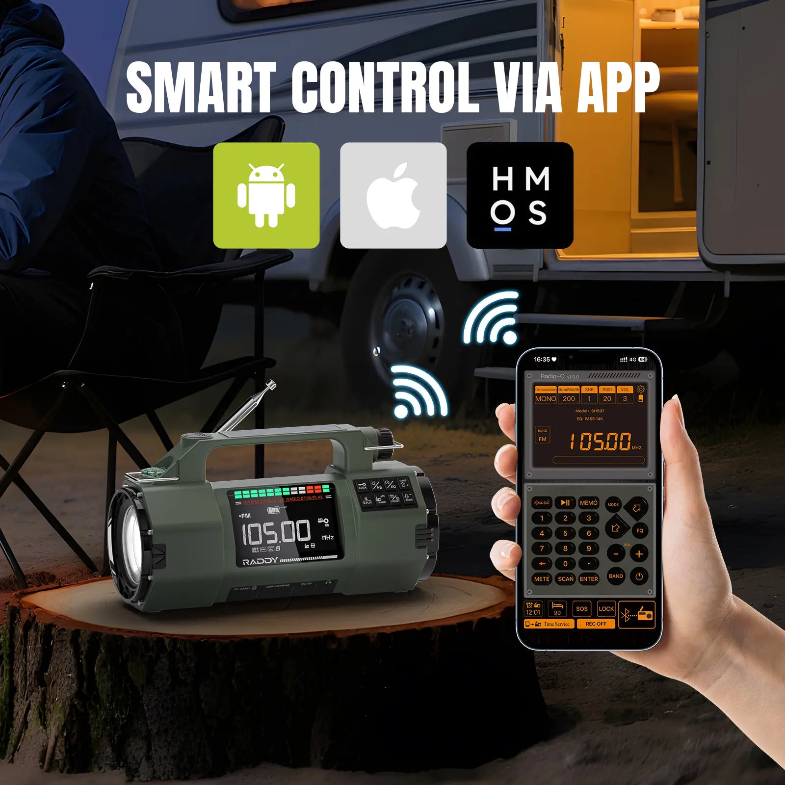 Raddy SH-907 Emergency Radio with digital display and control buttons, connected to a larger device, with text 'Smart Control via App' and app icons.