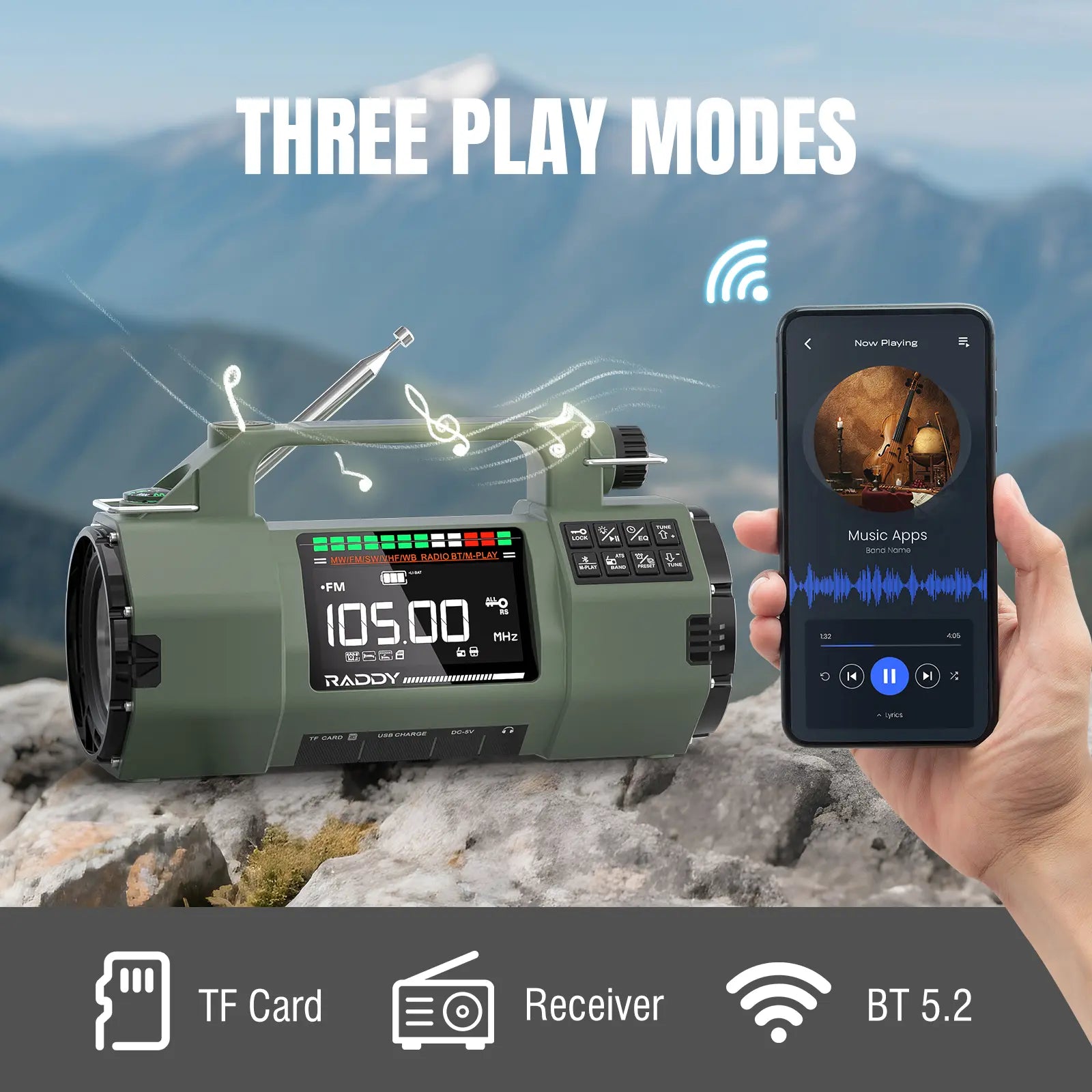 Green Raddy SH-907 Emergency Radio with smartphone app on mountain background