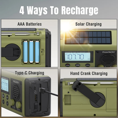 Four methods to recharge Raddy SH-908 with batteries, solar panel, Type-C cable, and hand crank.
