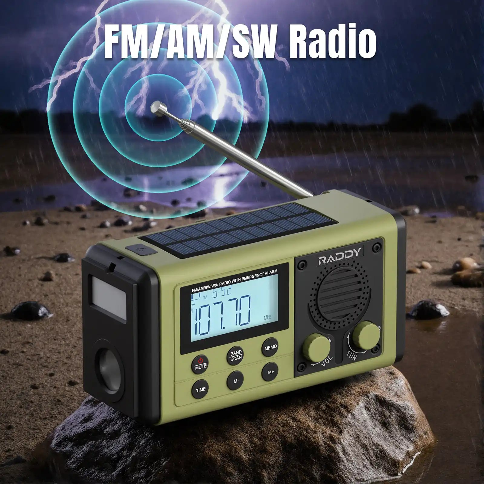 Green Raddy SH-908 radio with solar panel on a rock, surrounded by a stylized depiction of radio waves and lightning.