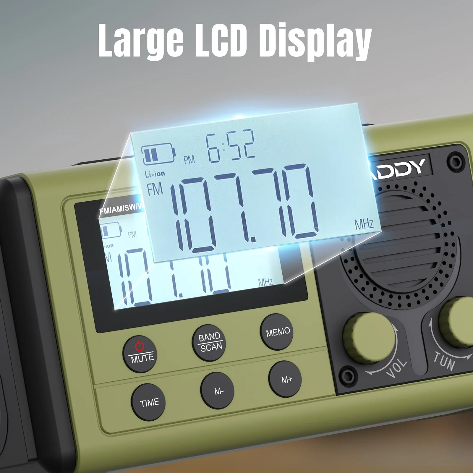 Green Raddy SH-908 radio with large LCD display showing time and frequency