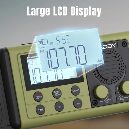 Green Raddy SH-908 radio with large LCD display showing time and frequency