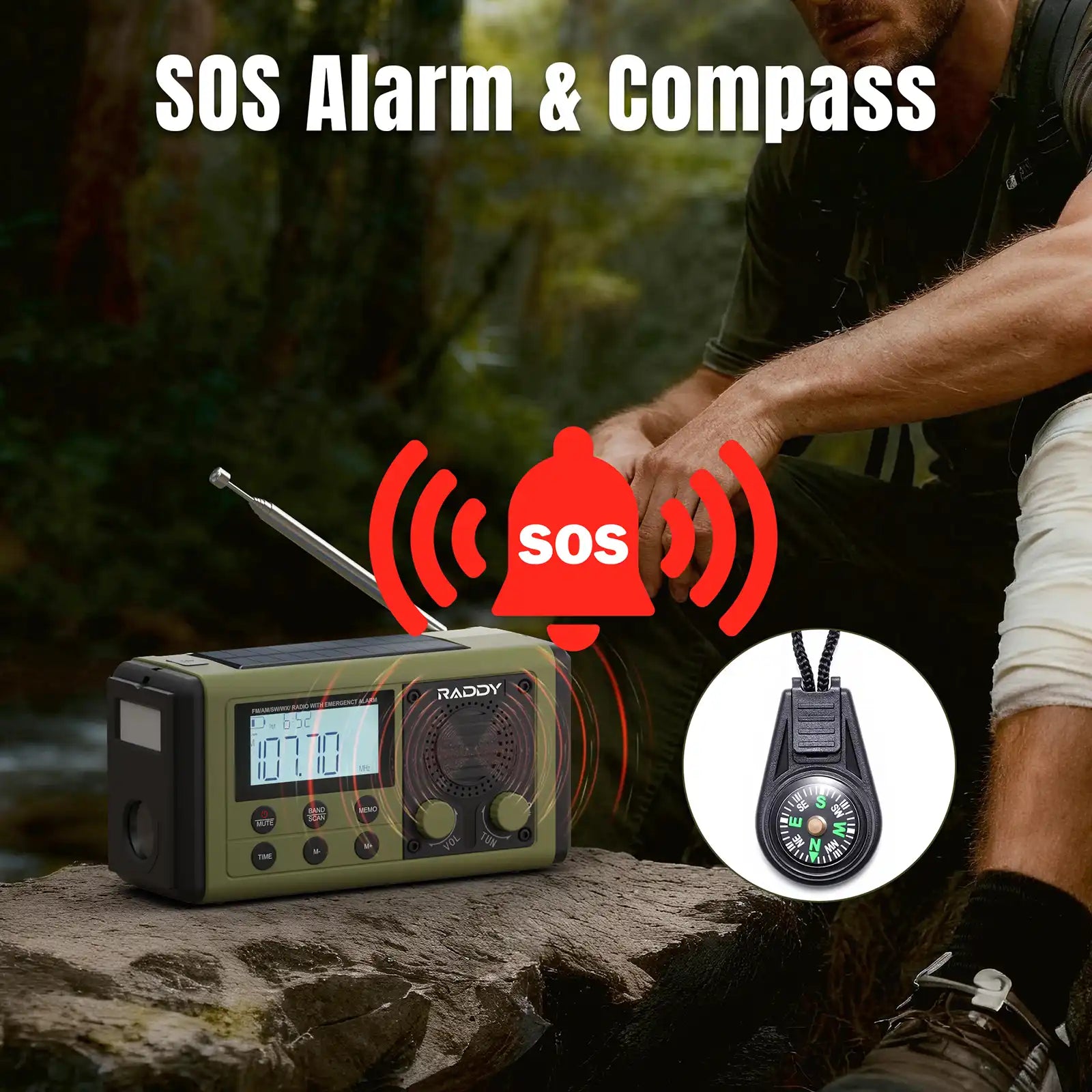 Raddy SH-908 with SOS alarm and compass on a rock, surrounded by nature.