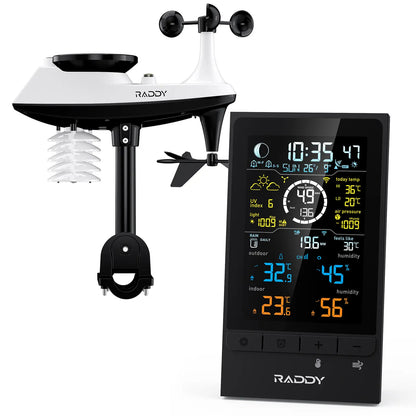 Raddy UV7 outdoor weather station kit featuring a white and black anemometer wind sensor with a rain collector and a black digital temperature and humidity display screen.