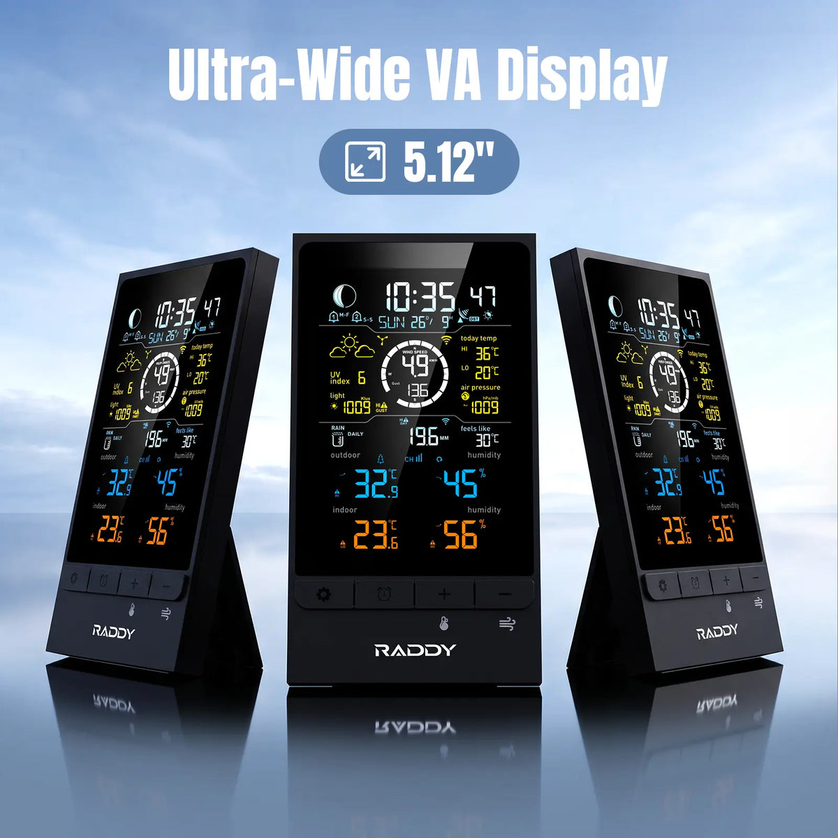 Three black RADDY UV7 weather vane wind speedometers with ultra-wide 5.12-inch VA displays, shown on a blue sky background with text overlay 'Ultra-Wide VA Display 5.
