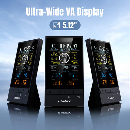 Three black RADDY UV7 weather vane wind speedometers with ultra-wide 5.12-inch VA displays, shown on a blue sky background with text overlay 'Ultra-Wide VA Display 5.