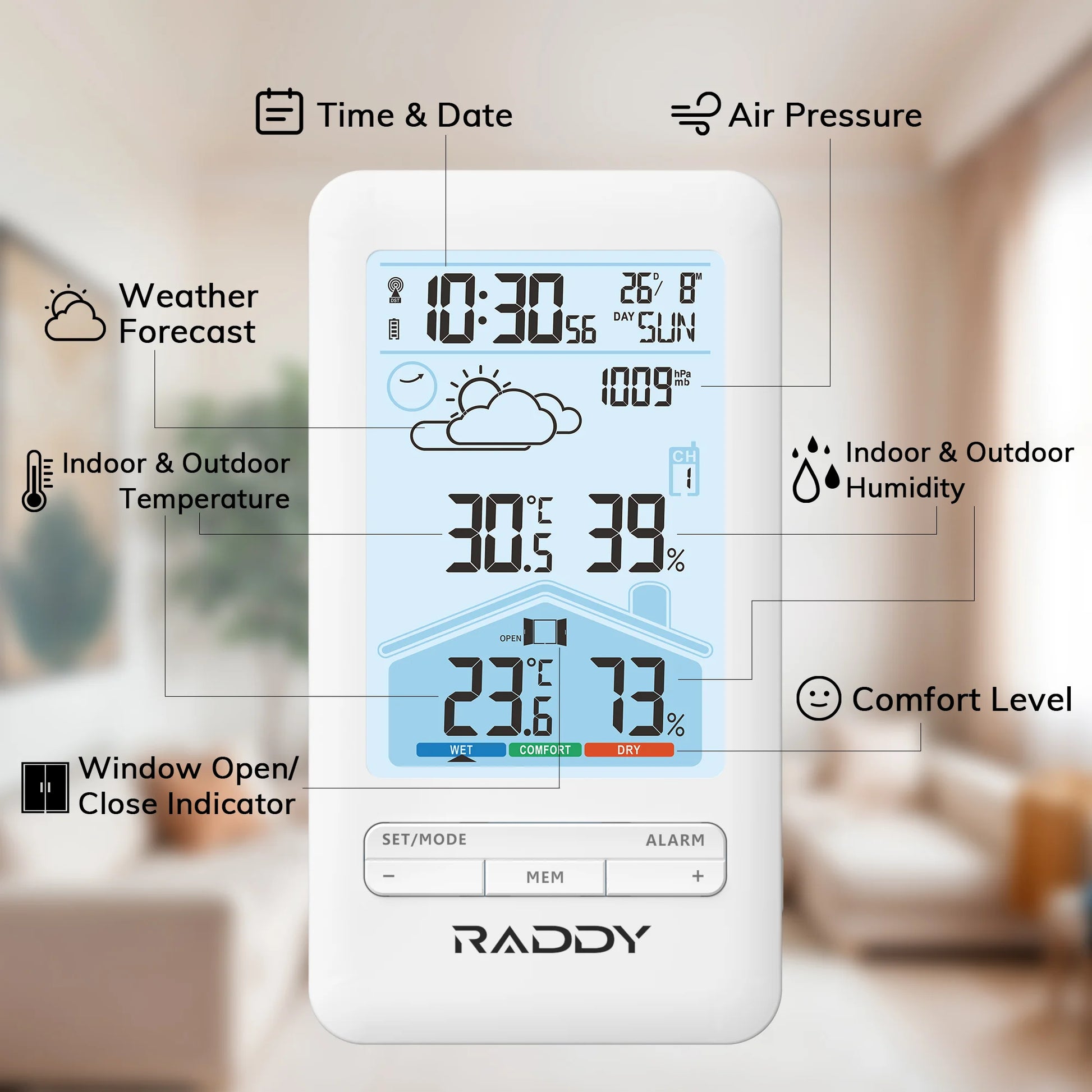 Raddy V4 Wireless Weather Station with various functions displayed on a blurred indoor background