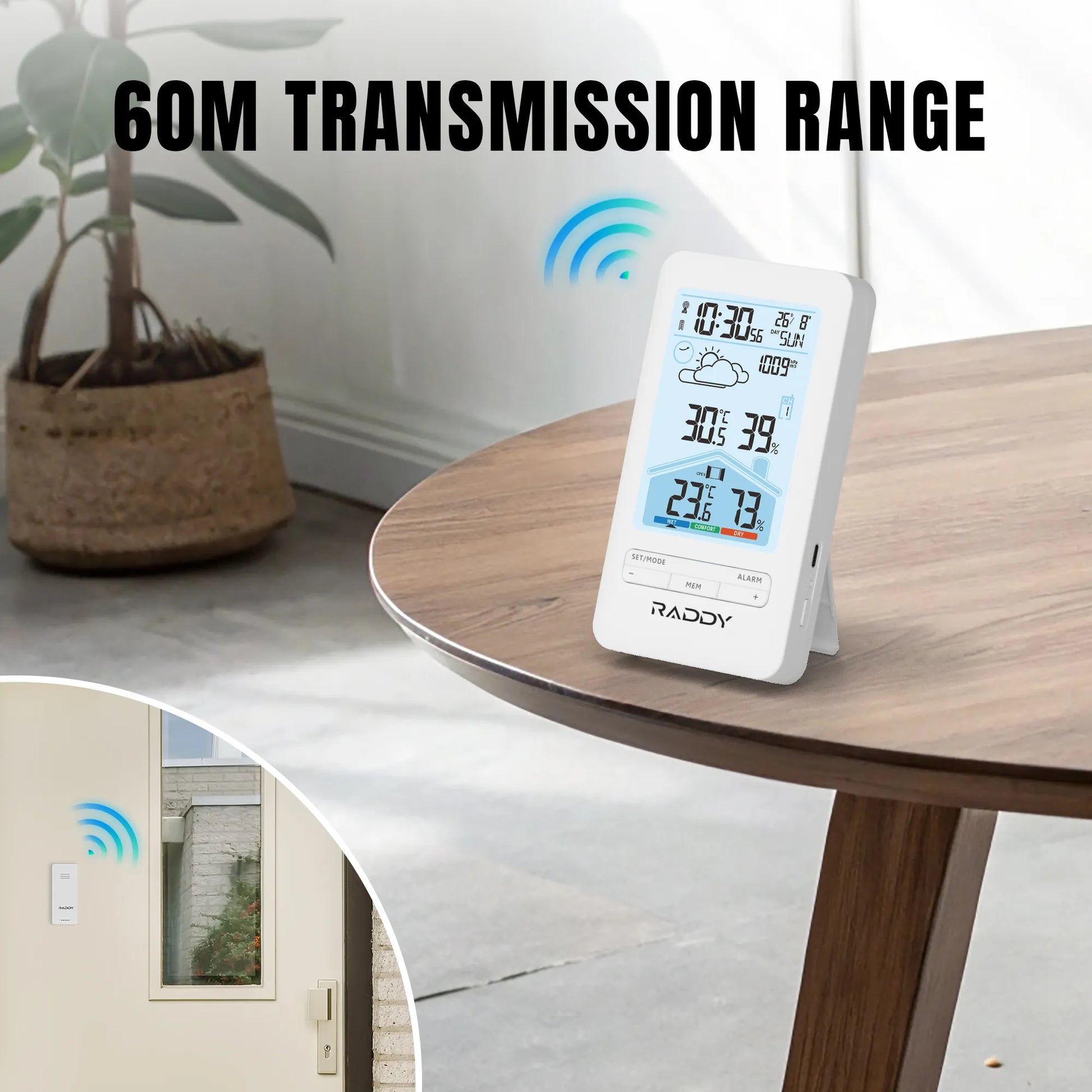 Raddy V4 Wireless Weather Station on a table with '60M Transmission Range' text and a small inset showing a door with a remote control.