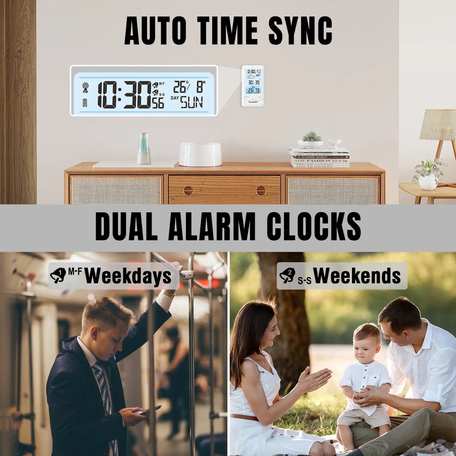 Digital clock with dual alarm feature and time sync capability, shown in a living room setting.