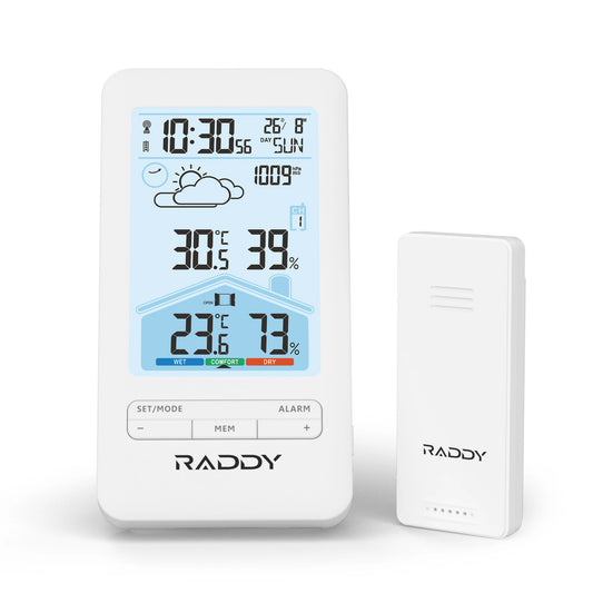 Raddy V4 Wireless Weather Station with digital display on a white background