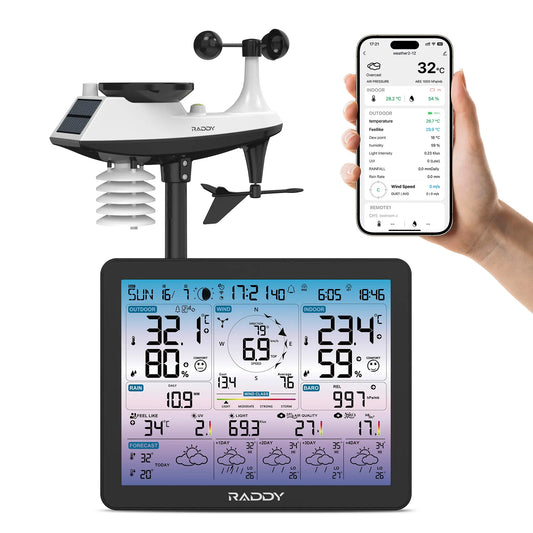 Raddy VP7 APP Weather Station | 7-in-1 Outdoor Sensor | Tuya App Control & 5-Day Forecast | Rain Gauge & Wind Speed | Barometer & UV Index | 330ft Range - Radioddity