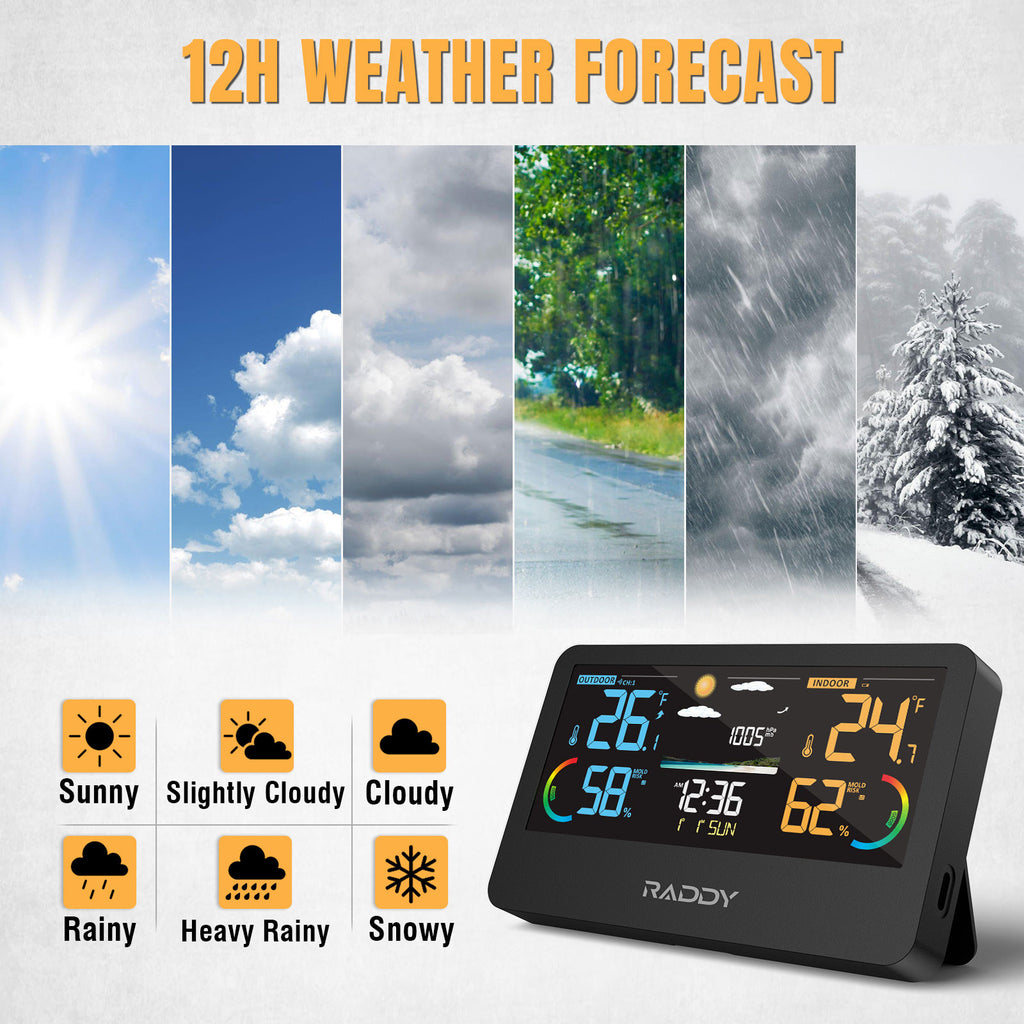 Raddy WF-60M Weather Station With 3 Remote Sensors – Indoor/Outdoor Thermometer, Humidity, Barometer, Atomic Clock