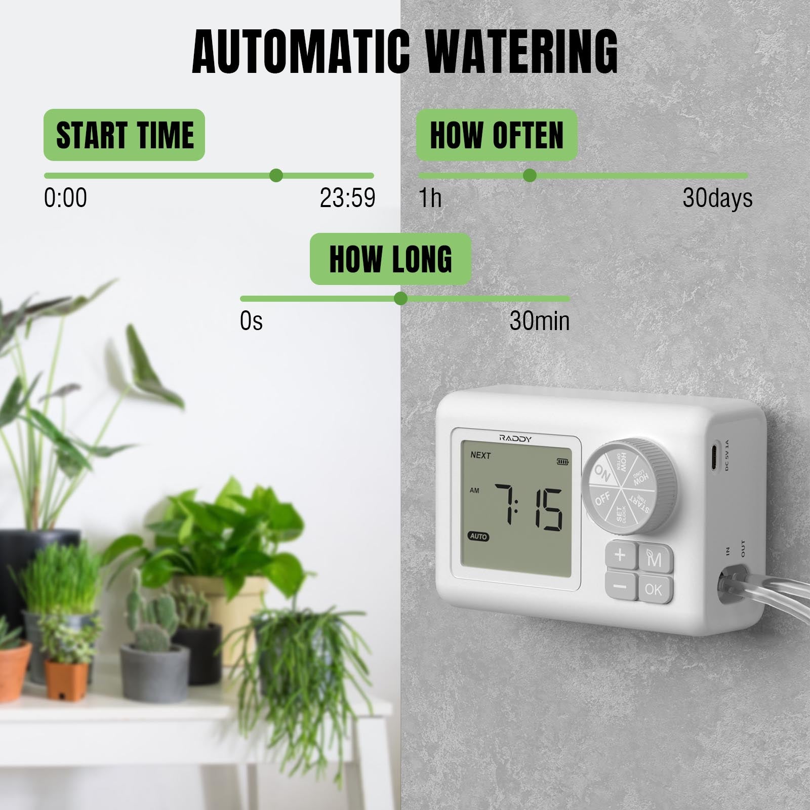plant watering timer indoor Raddy WS-6 Automatic Drip Irrigation Kit | LCD Display | Programmable Water Timer | Water Shortage Alarm