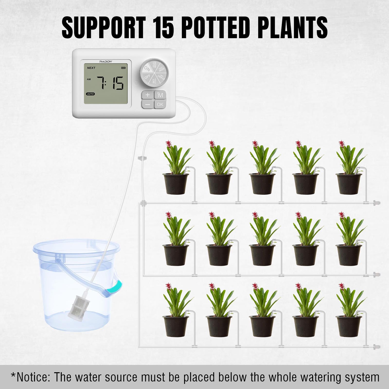 potted plants watering system Raddy WS-6 Automatic Drip Irrigation Kit | LCD Display | Programmable Water Timer | Water Shortage Alarm