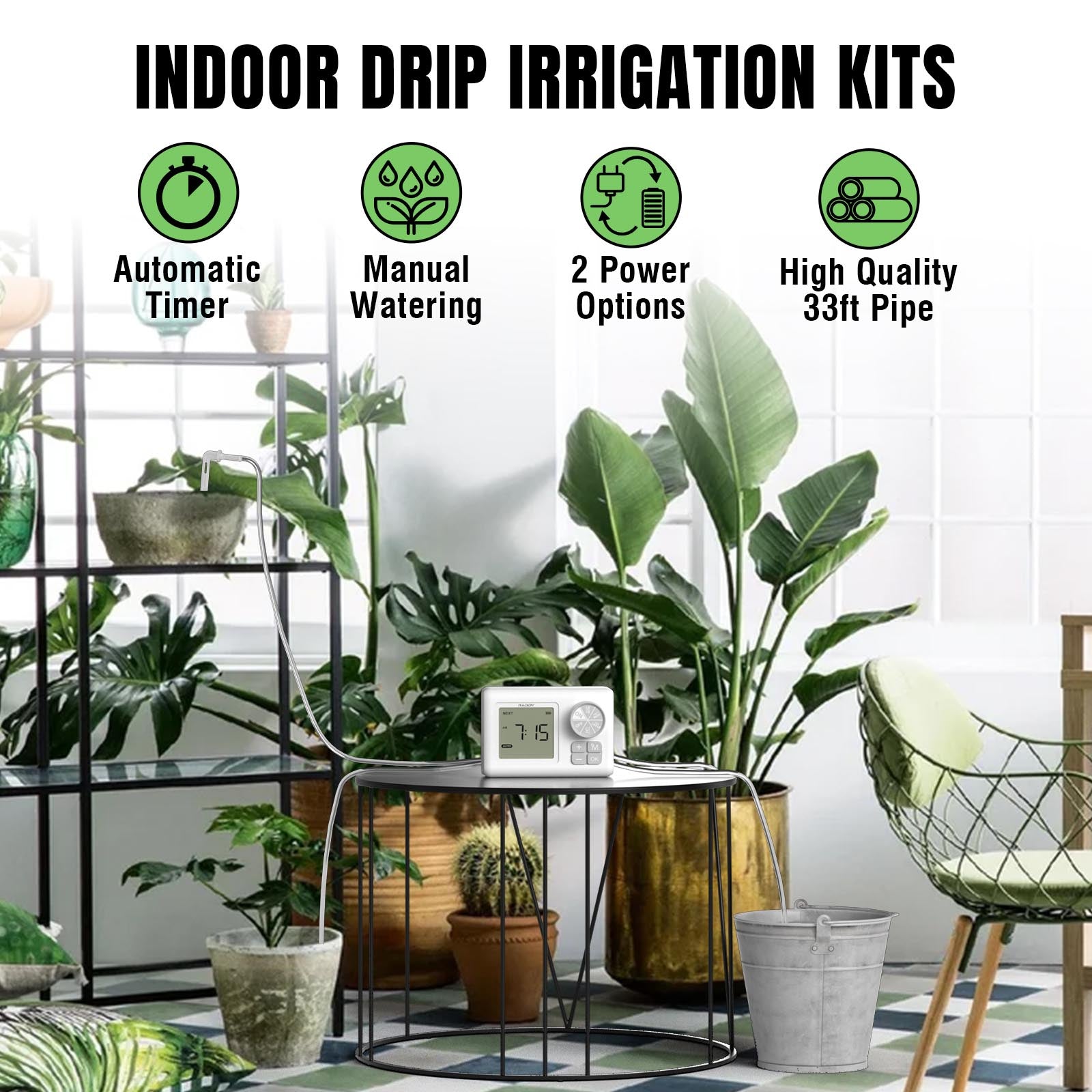 indoor plants automatic watering Raddy WS-6 Automatic Drip Irrigation Kit | LCD Display | Programmable Water Timer | Water Shortage Alarm