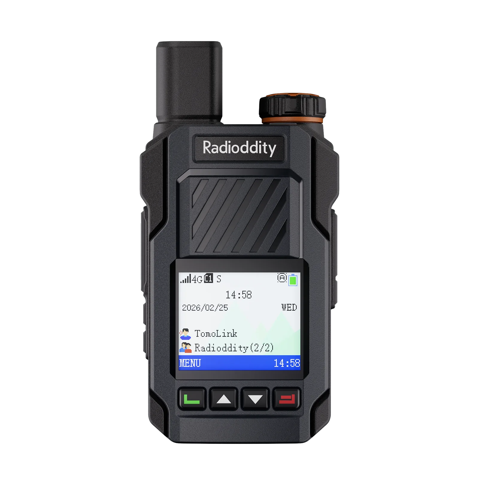 Black Radioddity walkie-talkie with digital display on a white background