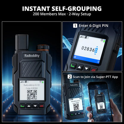 Radioddity walkie-talkie with digital display and QR code scanning feature, set against a dark background with blue light effects.