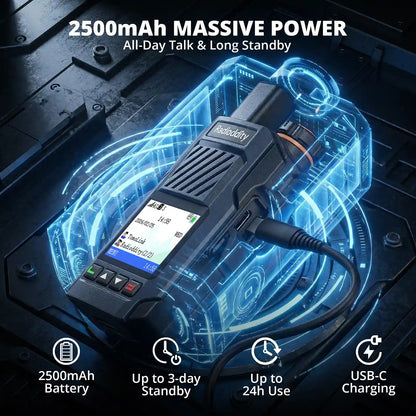 Radioddity device with 2500mAh battery capacity and charging features on a dark background