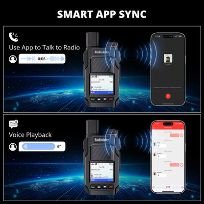 Smart app sync feature of a radio device with smartphone interface on a space-themed background