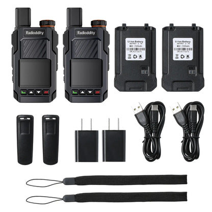 Radioddity walkie-talkies with accessories on a white background