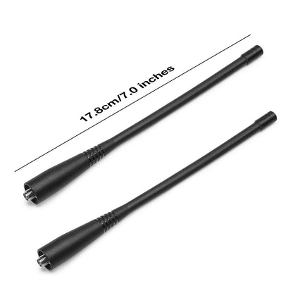 Two black antennas with measurement text on a white background