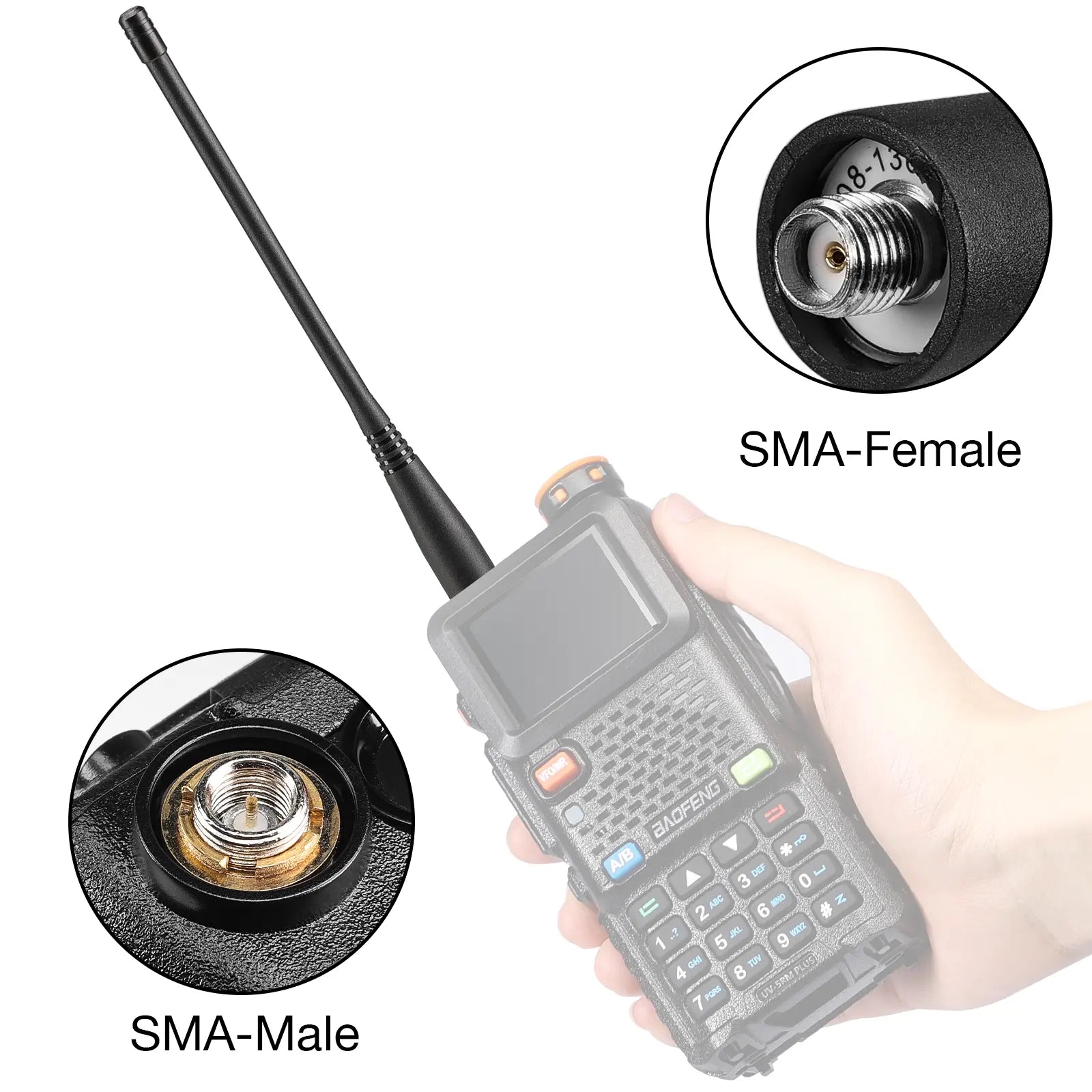 Handheld radio device with SMA connectors on a white background