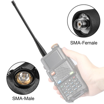 Handheld radio device with SMA connectors on a white background