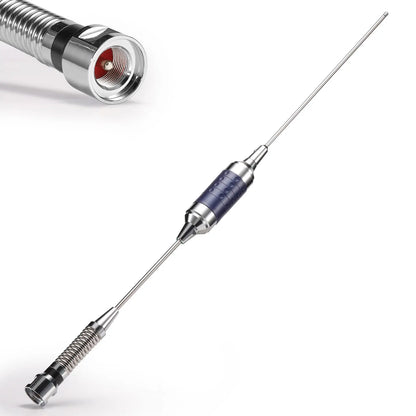 A long metal Radioddity CB-101 antenna with a dark blue center section, shown on a white background with a close-up inset of one end connector.