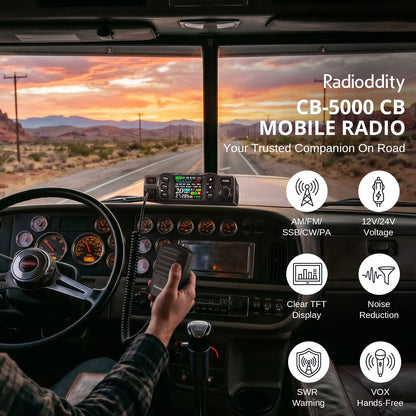 Radioddity CB-5000 Small CB Radio | AM/FM/SSB/CW/PA Modes | 12V/24V Power Input | TFT Color Display | Built-in SWR Meter | NRC Noise Reduction