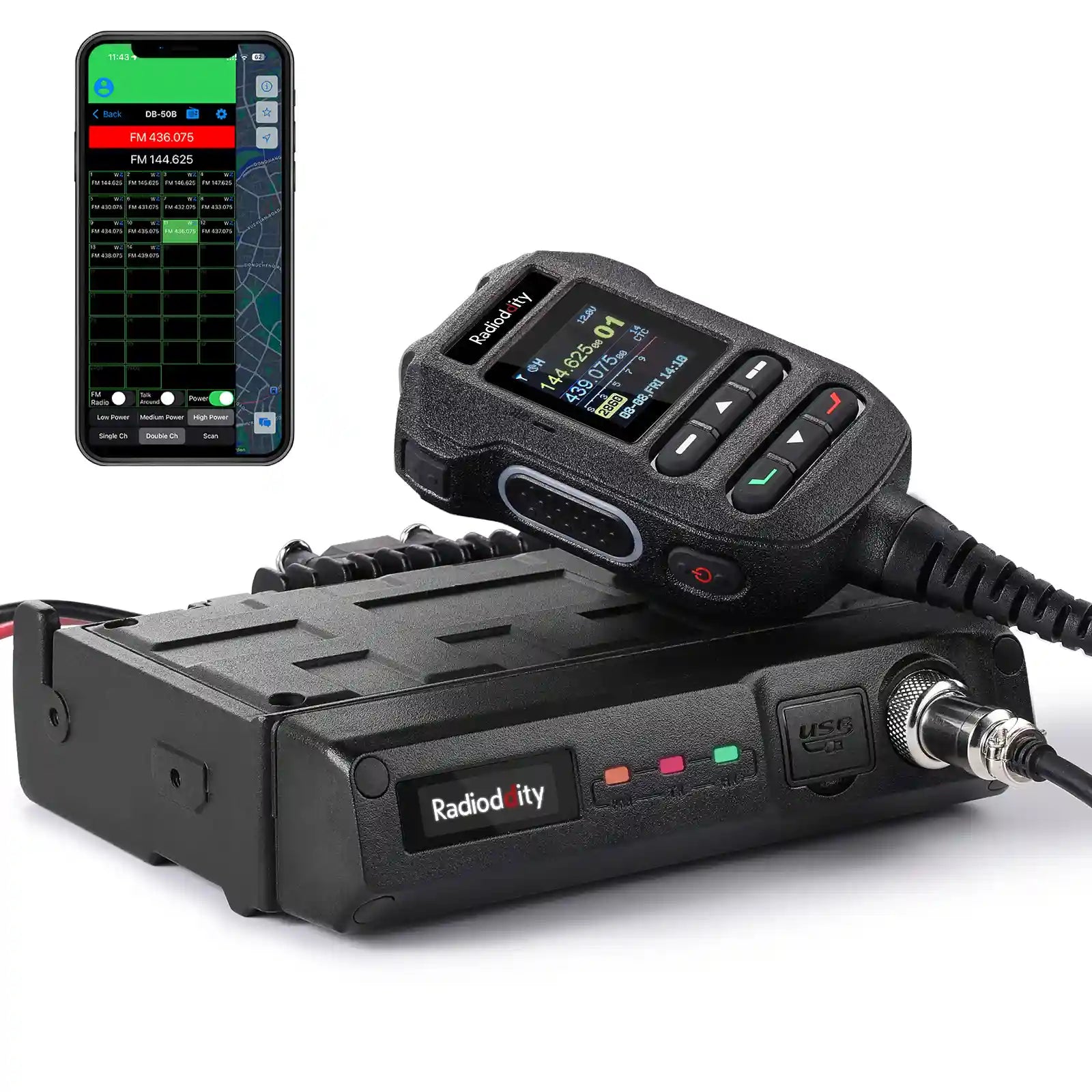 Radioddity DB50-B receiver with microphone and smartphone displaying radio frequencies on a white background