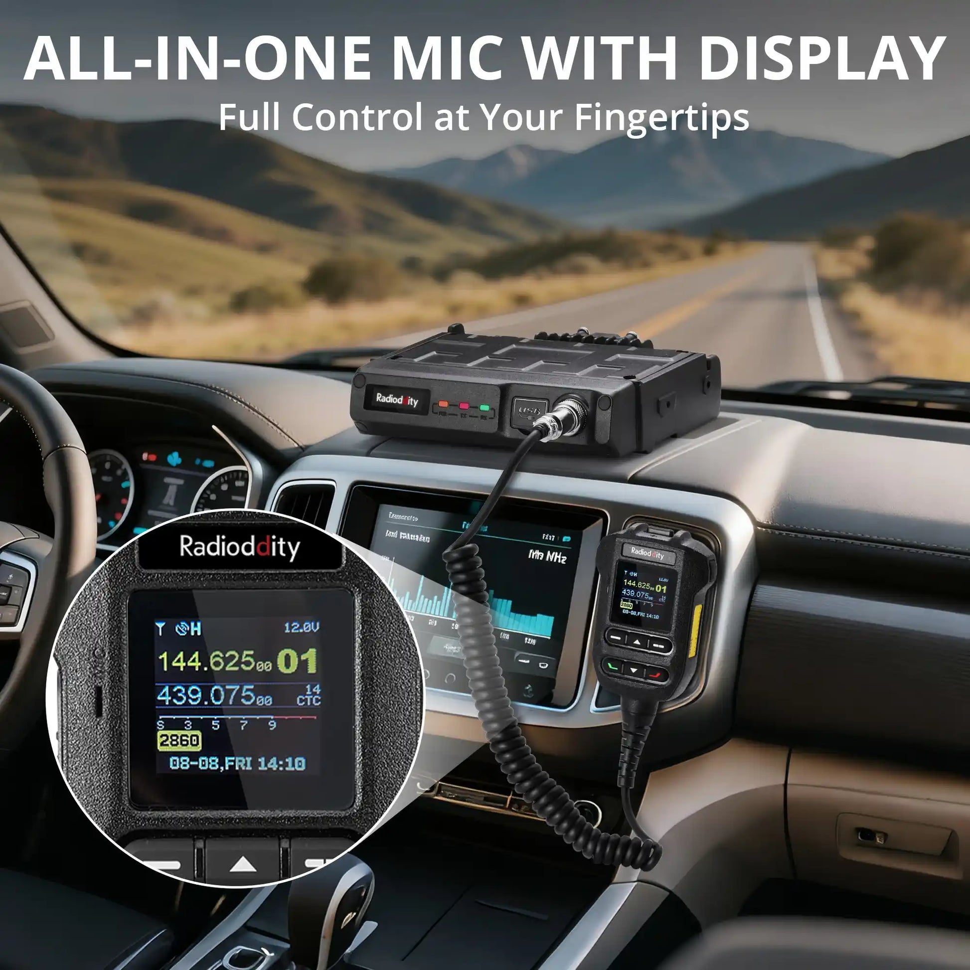 All-in-one mic with display on a car dashboard with scenic road background