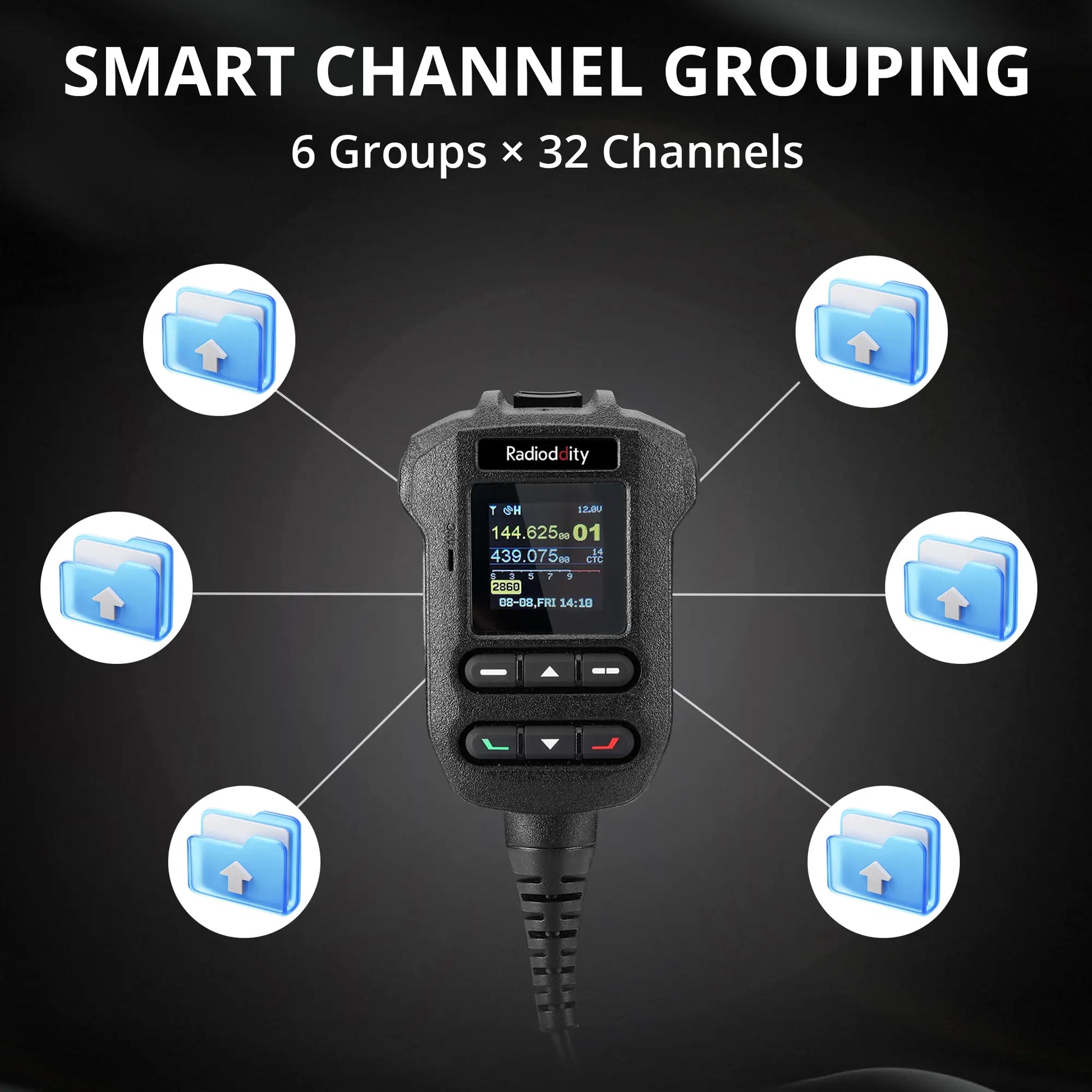 Radioddity DB50-B radio walkie-talkie with smart channel grouping feature on a dark background