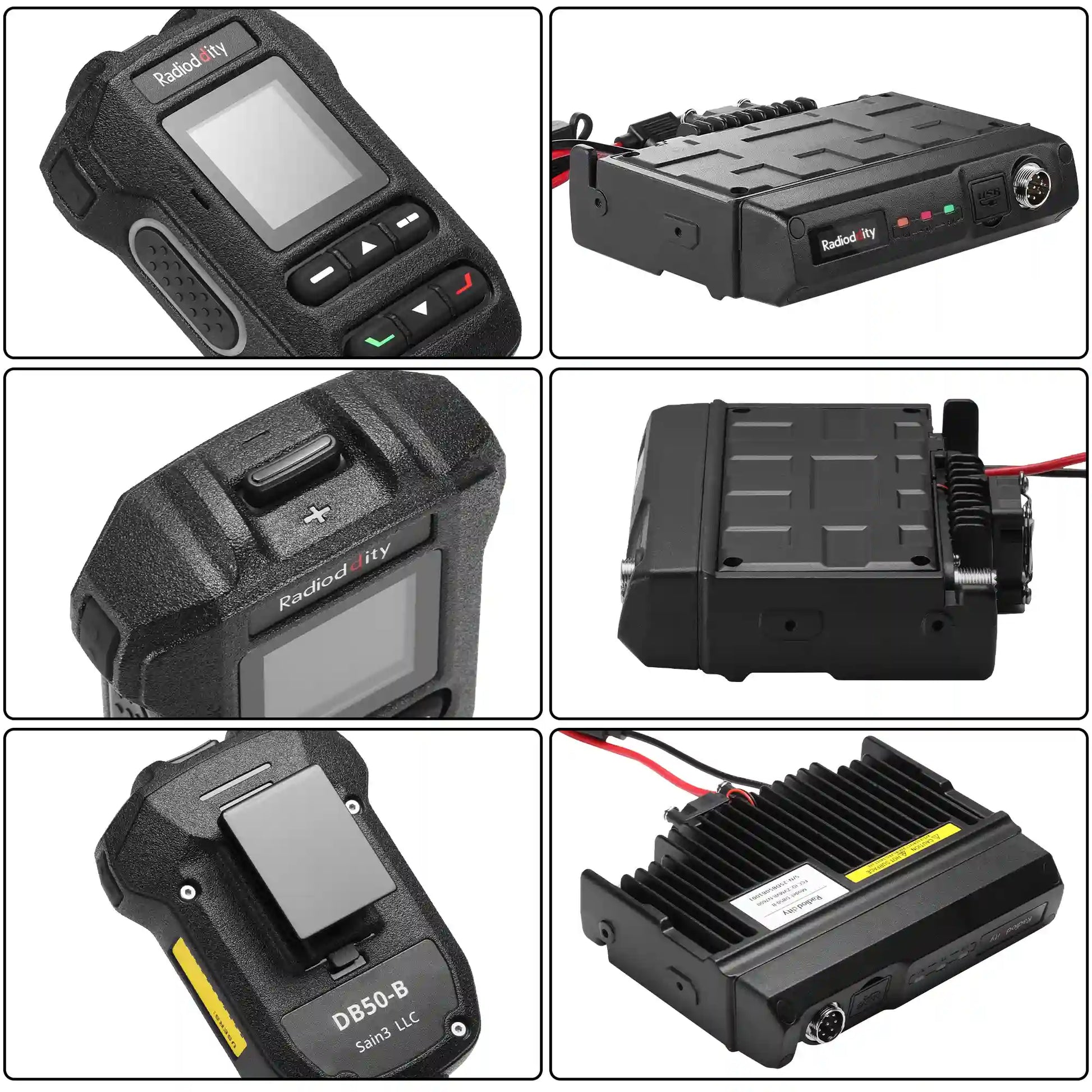 Collage of various Radioddity DB50-B devices and components, likely related to automotive diagnostics.